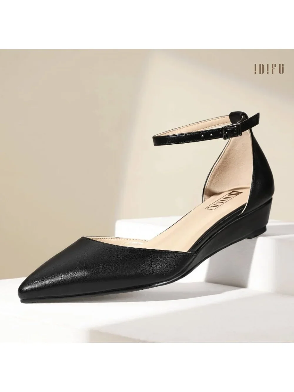 Women's Black PU Low Wedge Flats Closed Pointed Toe Adjustable Ankle Strap Shoes